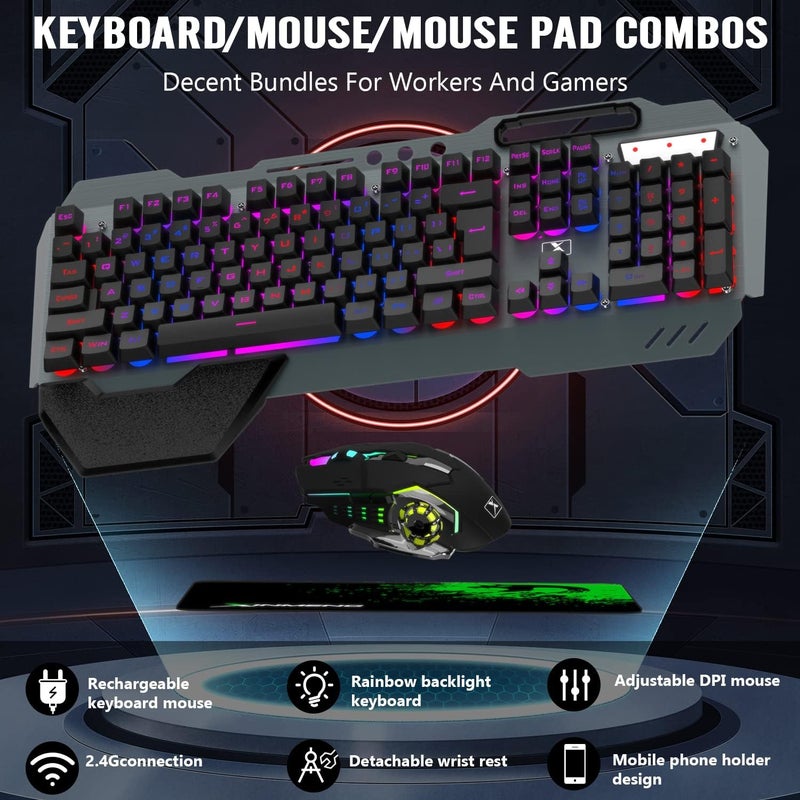 LexonElec Wireless Gaming Keyboard and Mouse Combo,Rainbow LED Backlit Keyboard with Rechargeable 3800mAh Battery Metal Panel,Removable Wrist Rest Mechanical Feel and 7 Color Mute Gaming Mice for PC PS4 PS5 - Image 3